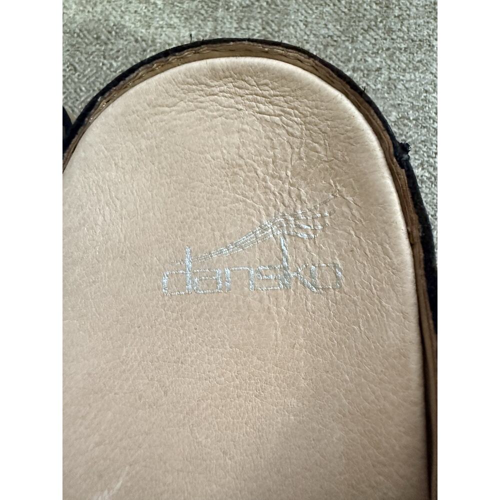 Dansko Black Suede Clog Mules with Tan Wood-Look Heel - Picture 7 of 10